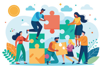 Business teamwork concept with diverse professionals collaborating on puzzle pieces in a contemporary flat style illustration during a creative brainstorming session