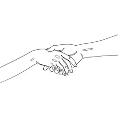 Minimal line drawing of two hands holding each other, symbol of support and care