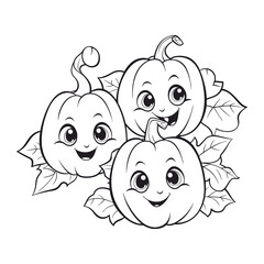 Cute Smiling Pumpkin Group Line Art for Coloring Book or Autumn Design