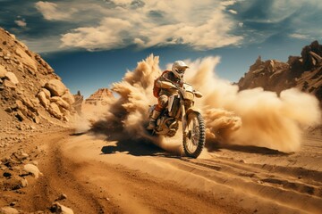 Rider on a Cross-Country Enduro Motorcycle Going Fast in Desert, Thrilling Enduro Racing with Drift Action, Adventure Isolated on Background with Copy Space. Motorsport Concept.