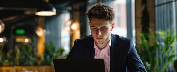 The young businessman working on his laptop in a modern café setting.