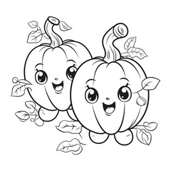 Cute Smiling Pumpkin Group Line Art for Coloring Book or Autumn Design