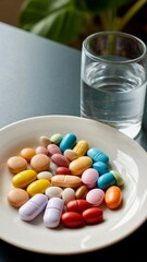 Colorful pills and a glass of water 