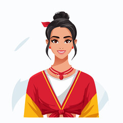 Young Woman in Traditional Asian Attire with Topknot Hairstyle
Cultural Female Character in Bright Red and Yellow Outfit
Great for Heritage Celebration, Holiday Cards, or Cultural Education
Minimalist