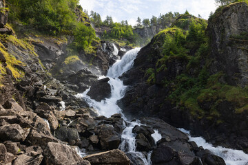 Norway, Vestland. Landscape with Latefossen waterfall.