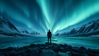 Lone figure silhouetted against a vibrant green aurora borealis over a serene rocky shoreline and snow capped mountains
