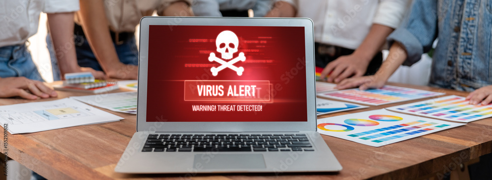 Aufkleber virus warning alert on computer screen detected brisk cyber threat , hacker, computer virus and malw