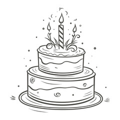 Two Tier Birthday Cake with Candles Black and White Line Art Illustration