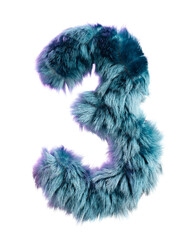 Creative Fur Letter 3 in Blue Standing on a White Background