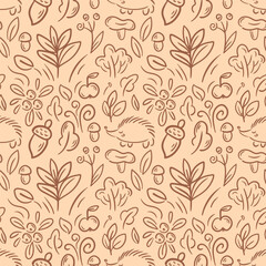 seamless pattern features whimsical hand-drawn elements like hedgehogs, plants, mushrooms, and acorns against a soft beige background. The charming design evokes a playful, nature-inspired vibe.