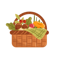 This vector illustration features a charming basket filled with a variety of mushrooms and berries. The vibrant colors and detailed textures create a delightful representation of natures bounty