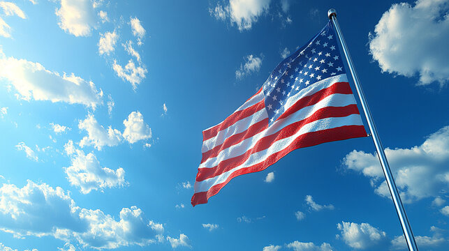 American flag waving in sunny blue sky with clouds