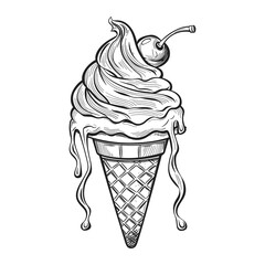 Hand Drawn Ice Cream Cone with Cherry in Vintage Sketch Style