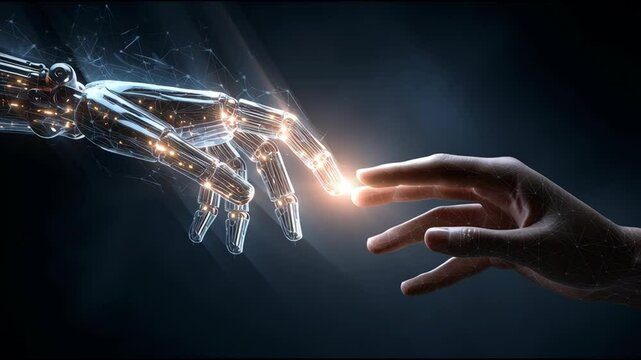 A human hand and a robotic hand extend towards each other, symbolizing the connection between humanity and technology. The scene is illuminated with glowing elements, enhancing the futuristic feel
