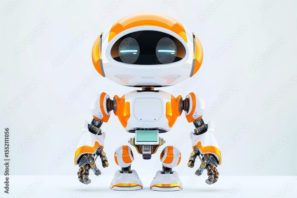 Poster orange and white robot with a display screen standing on a white surface