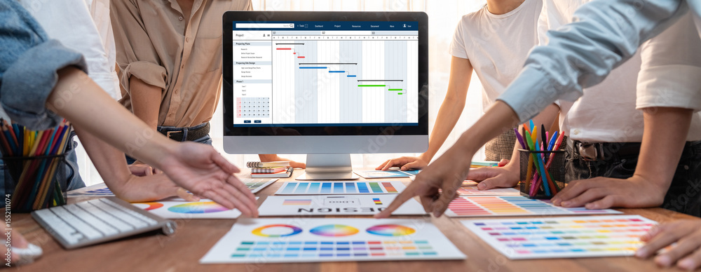 Fototapete Project planning software for brisk business project management on the computer screen showing timeline chart of the team project