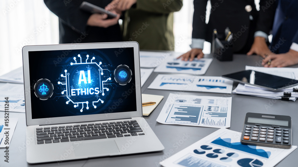 Poster ai ethics responsibility standard law and rules on computer screen provide report of ai ethic transp