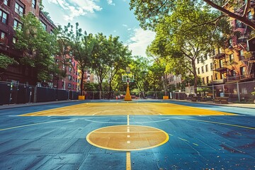 Outdoor basketball court with urban buildings and lush trees on a bright day