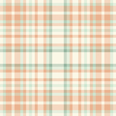 Classic plaid pattern in gentle pastel hues of peach, mint, cream. Timeless textile texture perfect for backgrounds, crafts, design projects needing a soft, cozy feel.