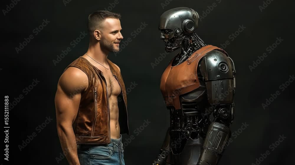 Aufkleber A man and a robot stand face to face against a dark background, creating an atmosphere of interaction. Ideal for content about the future of technology and AI. Videos about progress and technology.