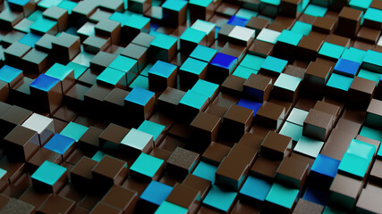 "Dynamic Cubic Mosaic: Teal, Turquoise, and Brown Textured Surface"