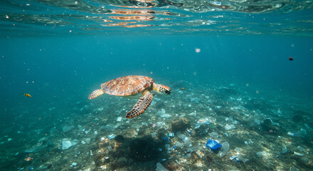 Obraz premium Sea turtle swimming over ocean floor polluted with plastic