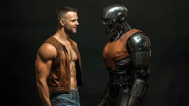 A man and a robot stand face to face against a dark background, creating an atmosphere of interaction. Ideal for content about the future of technology and AI. Videos about progress and technology.