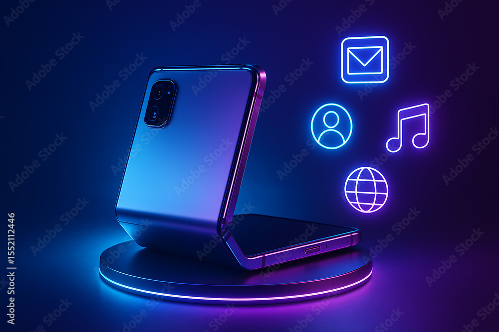 Poster foldable smartphone with glowing futuristic interface and illuminated neon icons representing commun