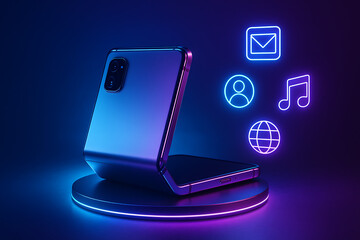 Foldable smartphone with glowing futuristic interface and illuminated neon icons representing communication media music and internet on a modern rotating platform in a vibrant tech display