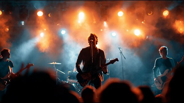 A rock band energizes the crowd with their powerful performance, surrounded by colorful stage lighting. The atmosphere is filled with excitement as fans enjoy the live music experience