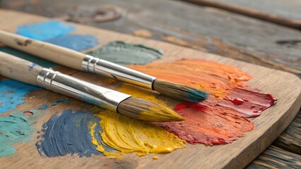 Obraz premium Artistic Wooden Palette with Colorful Oil Paints and Brushes for Creative Projects