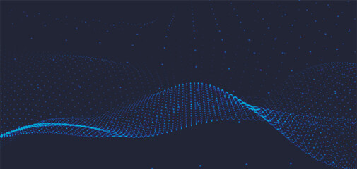 Abstract background with dynamic colorful wave. Futuristic dotted wave of bright particles. Dark background. Colorful background for presentation design. Wide format vector illustration. Interweaving 