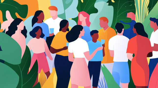 Joyful gathering of diverse people in vibrant outdoor setting, surrounded by lush greenery and colorful backgrounds, sharing drinks and laughter