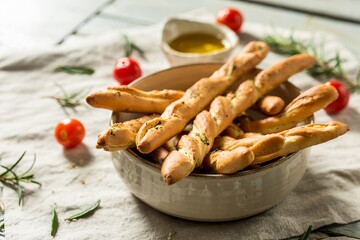 A bowl of Italian breadsticks, with some oil and rosemary branches on the side, cherry tomatoes scattered around, soft lighting, high-resolution photography, professional color grading, clean, sharp 