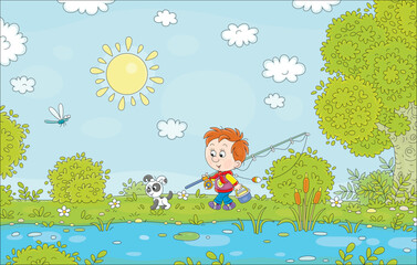 Cheerful little boy fisherman going fishing with a fishing-rod and a small bucket, together with his funny puppy, on a fun summer vacation, vector cartoon illustration