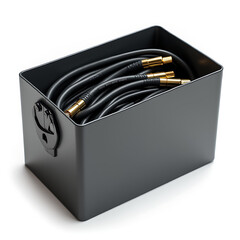 Cable organizer box with neatly coiled cords in modern black design  