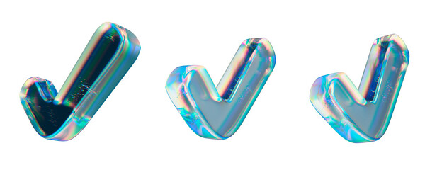 Holographic Glass Check Marks on White Background in Vibrant Colors
