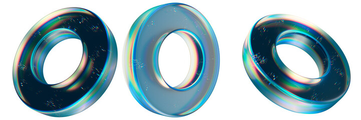 Abstract Rendered Transparent Donut Shapes with Iridescent Surface Effects