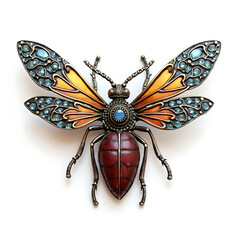 Decorative insect brooch with metal wings and gemstone details  