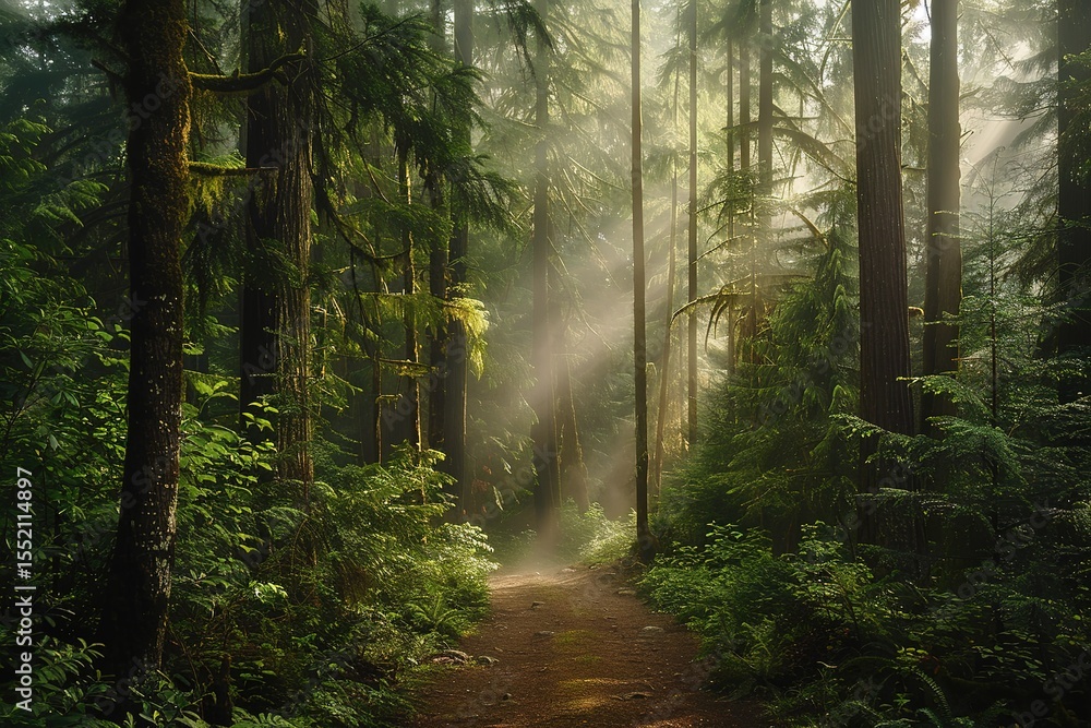 Poster sunbeams filtering through a dense lush forest with a path leading through the trees