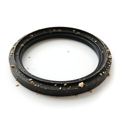 Dusty rubber seal with fine debris on white background  
