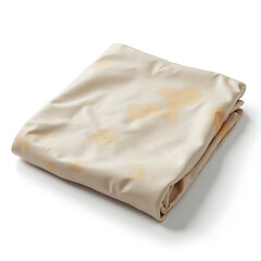 Folded fabric cover with greasy stains and wrinkles isolated on white  