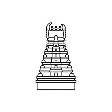 Line drawing of a South Indian Gopuram temple tower, showcasing its tiered structure and decorative elements.