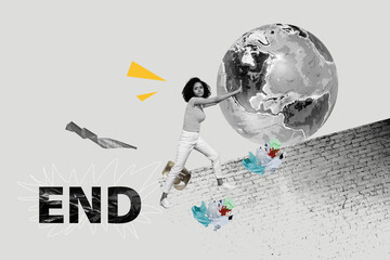 Composite image montage trend 3D collage of young lady upset walk up push planet end eco awareness...