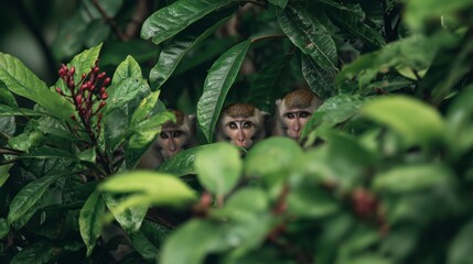 Monkeys observing from their hidden spot among vibrant tropical leaves in a lush green environment
