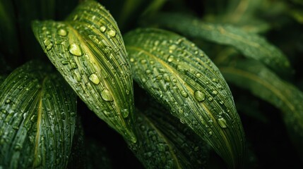 Close-up view of wet tropical leaves glistening with water droplets in a lush rainforest environment during a humid morning