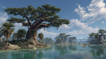 Baobab and palm trees rise majestically by the tranquil waters under a clear blue sky in a tropical paradise