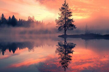 Tranquil lake reflecting the sky at dawn with a solitary tree and distant forest