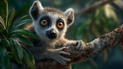 Lemur resting on a tropical tree branch in a lush green environment