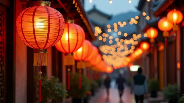 Close up of red paper lantern on street in china for chinese new year, street decorated with lanterns for lunar new year in china